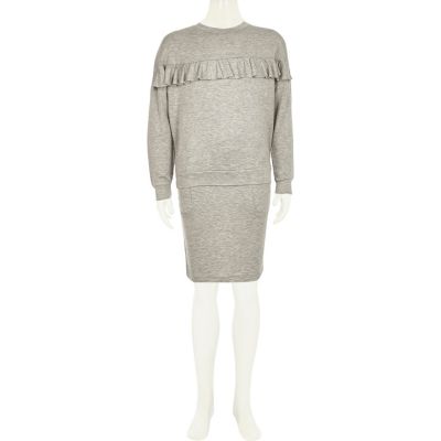 Girls grey ruffle sweater and skirt set
